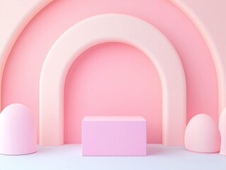 Minimalist 3D Studio Product Podium Display with Arched Backdrop and Smooth Geometric Forms for Fashion Showcase