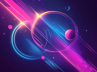 Vibrant Cyberpunk Glowing Rings and Parallel Light Trails with Spheres for Futuristic Digital Technology Background