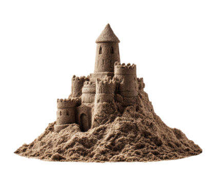 Sand castle creation for beach fun and summer memories on a transparent background, cut out