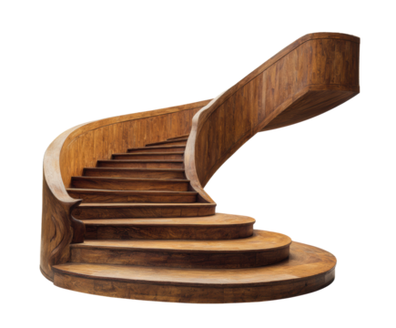 Modern wooden staircase design for contemporary interiors decor on a transparent background, cut out
