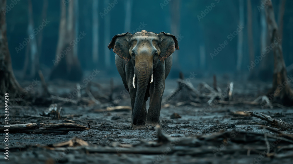 Poster majestic elephant walking through a mysterious forest landscape with a misty background creating a u