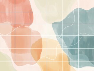 Abstract Watercolor Washes with Organic Shapes and Modern Geometric Grid Overlay Background