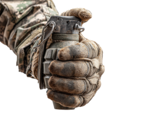 Soldier holding hand grenade ready for action during training exercise on a transparent background, cut out