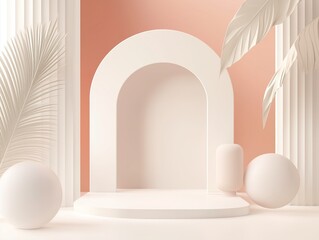Modern 3D Rendered Product Display Podium with Arch Geometric Shapes and Minimalist Tropical Leaves