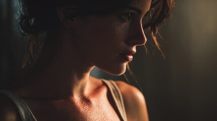 Warm light illuminates the face and shoulder of a young woman with wet skin, creating a dramatic and emotional atmosphere, evoking feelings of sadness and despair