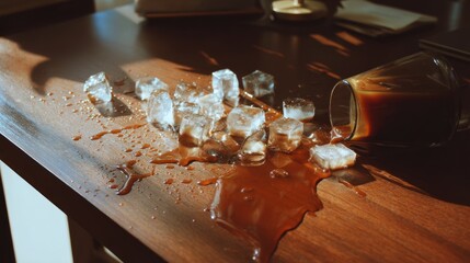 Spilled iced coffee on wooden table