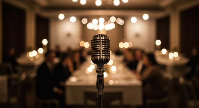 Vintage microphone in a elegant restaurant with blurred audience