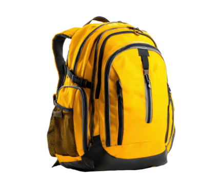 Bright yellow backpack for school and outdoor activities on a transparent background, cut out