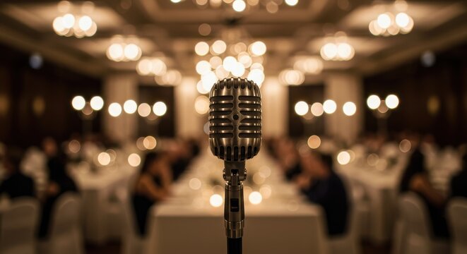 Retro microphone in front of blurred audience during a conference