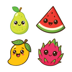 Cute Kawaii Fruit Vector Set Smiling Mango Pear Watermelon amp Dragon Fruit Characters