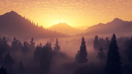 Obraz premium Misty Mountain Sunrise: Atmospheric Forest Landscape