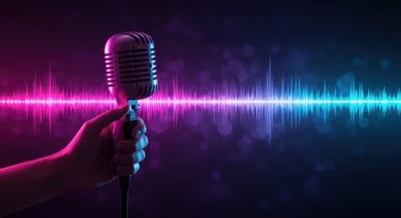 Vintage microphone with glowing sound waves in pink and blue