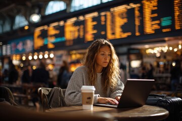 Focused Woman Working on Laptop in Bustling Train Station Café with Departure Boards and Coffee Cup
