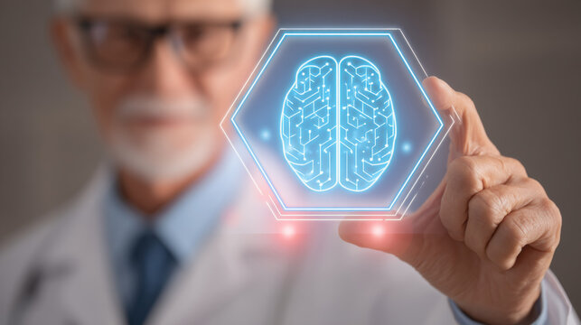 Senior doctor in a lab coat presenting futuristic digital brain hologram with hexagonal frame, symbolizing medical technology innovation and neurological research.