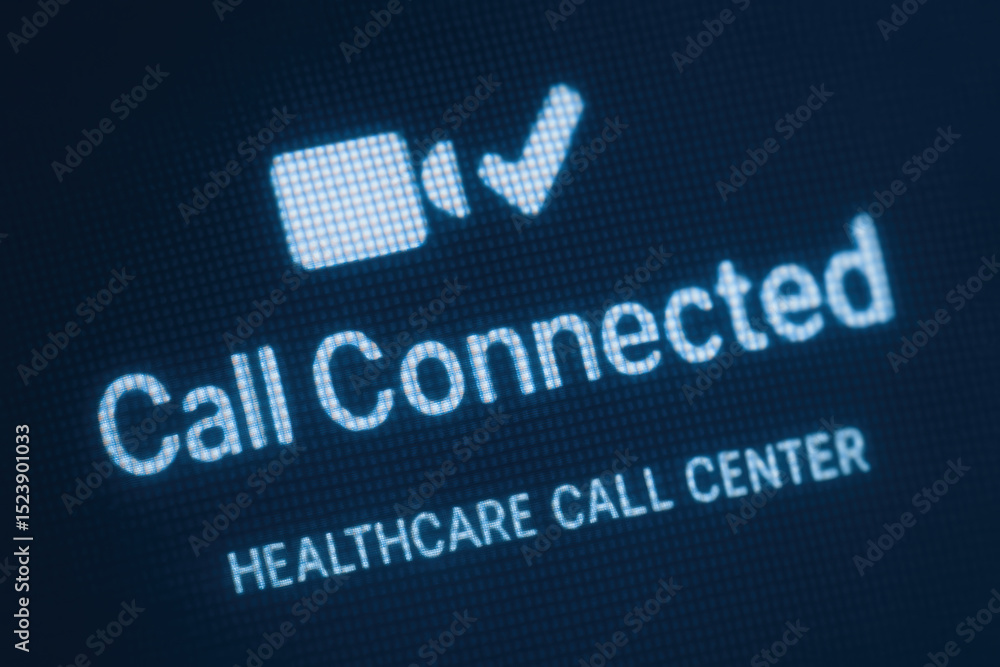 Poster call connected on healthcare call center screen with tech icon for patient consultation and support 