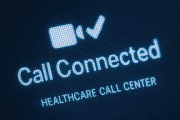 Call connected on healthcare call center screen with tech icon for patient consultation and support service