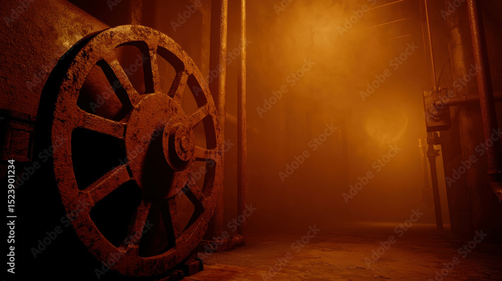 Poster industrial setting with rusty wheel illuminated by foggy orange light creating a mysterious atmosphe