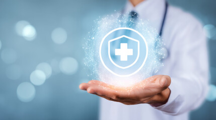 A healthcare professional presents a glowing shield with a medical cross hove above their hand, symbolizing safety, protection, and well being to patients.