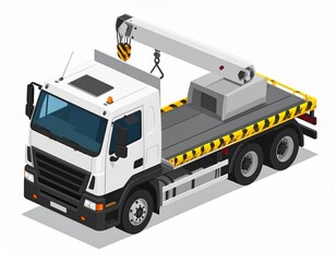 Fototapeta premium Isometric illustration of a white flatbed tow truck with striped safety markings