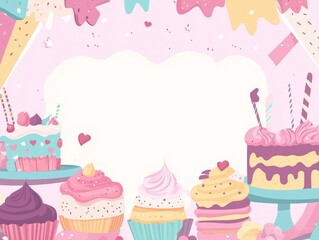 Whimsical Birthday Party Background with Sweet Cupcakes Festive Cake Drips and Sprinkles Border