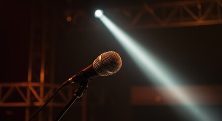 Obraz premium Close-up of Microphone on Stage Stand with Dramatic Spotlight and Truss Structure.