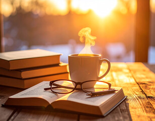 Steaming books and coffee and glasses on the table with soft sunlight in the background