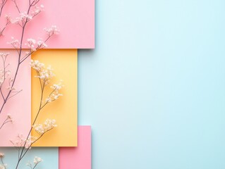 Delicate Floral Branches on Modern Geometric Paper Layers Abstract Background with Copy Space