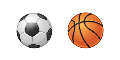 Sport ball vector mockup. Basketball, soccer, school football icon set. Realistic isolated game equipment emoji. Cartoon emoticon different play stuff. Team round ball sticker element. Vector 10 eps. © Cali6ro