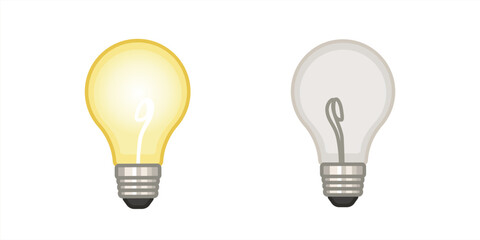 Vector light incandescent bulb emoji icon with a silver base with soft, yellow white glow, Vector 10 eps.