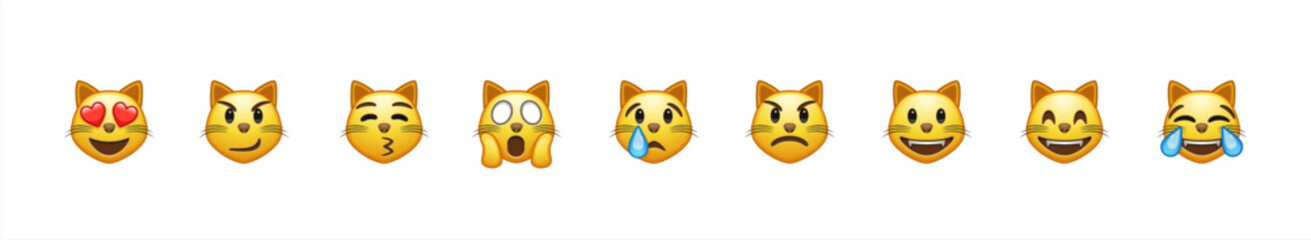 Cat emoji set, cat with hearts in eyes,crying, laughs, gets angry. Large size of yellow emoji face.
