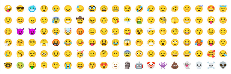 Set of yellow emoji and emoticon faces in vector graphic format on a transparent background. This collection represents a variety of emotions and expressions, perfect for digital designs. Vector emoji