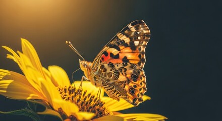 Vibrant butterfly resting on a sunflower.