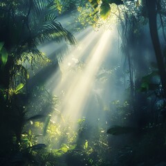 Sunbeams Through Jungle Canopy: Ethereal Light in Tropical Forest