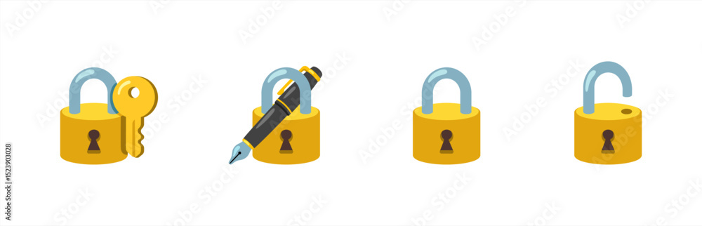 Poster Set emoji closed and open lock with key. Emoji vector illustration.