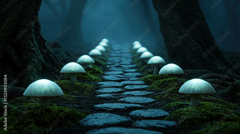 Aufkleber ethereal glowing mushrooms line enchanted pathway in mysterious forest under moonlit sky with fog an