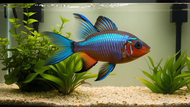 Beautiful Pacific Blue Eye Signifer Rainbowfish (Pseudomugil signifer) in motion among aquatic plants in a freshwater aquarium.