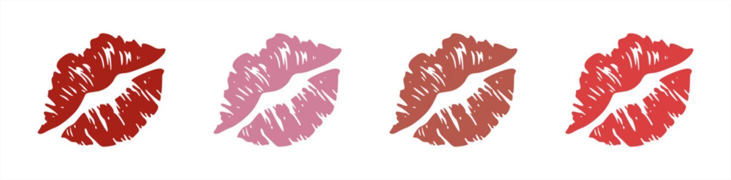 Set imprint kiss lips. Red, pink and brown silhouettes isolated on transparent background. Realistic vector beautiful kiss. Different shapes female sexy lips. Lips makeup. Vector 10 eps.