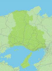 日本の兵庫県と隣接する都道府県を含む、シンプルな緑色のロードマップ