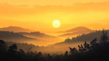 Fototapeta premium Golden Hour Mountain Mist: Serene Sunrise Landscape