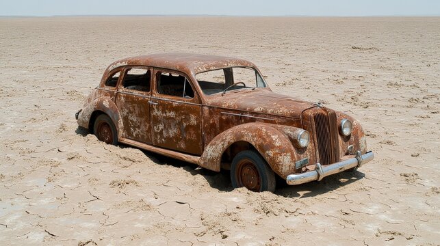 Fototapeta Rusted vintage car abandoned on a dry, sandy desert landscape under a clear sky