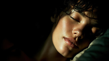 Obraz premium Peaceful woman sleeping with soft lighting on her face, highlighting her serene expression
