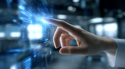 Hand Interacting with Glowing Blue Digital Interface in Dark Industrial Setting