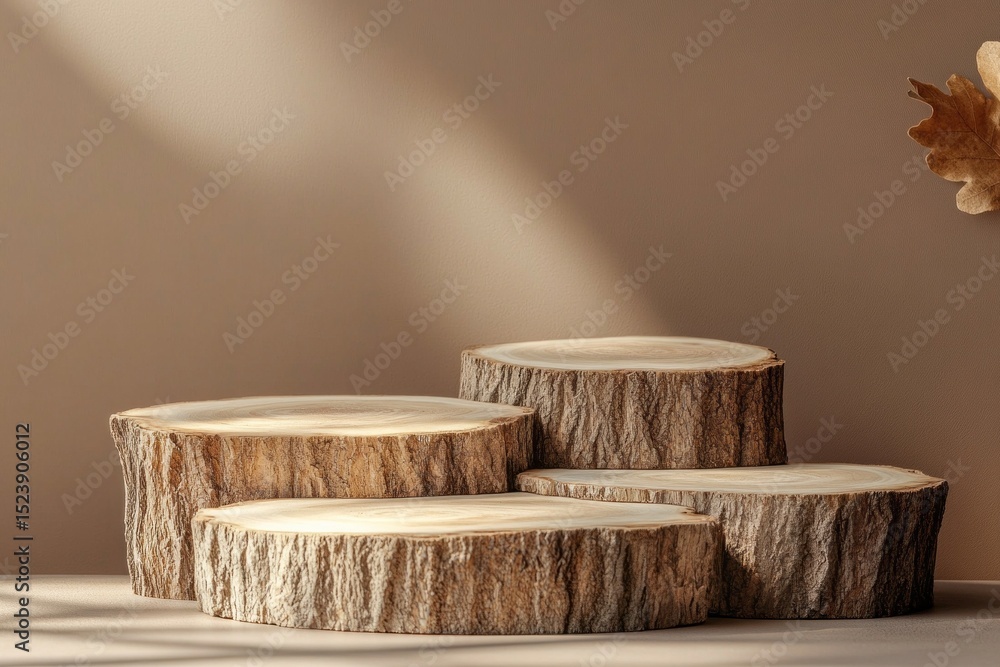 Aufkleber Podium made from tree slices arranged on a surface in a softly lit environment for a rustic presentation