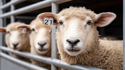 Sheep with tag number 21 looking at camera, other sheep behind metal fence, waiting to be transported or sold.