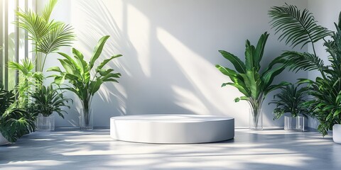 Minimalist product display with tropical plant backdrop for product promotion and advertising to enhance visual appeal and engage potential customers