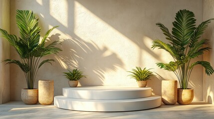 Elegant Product Display Podium with Natural Light and Green Plan