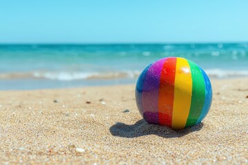 Obraz premium Colorful Rainbow Ball on Sandy Beach with Ocean Background