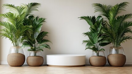 Interior Design Mockup Featuring Exotic Plants on Rustic Pot and