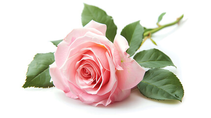 Pink Rose and Leaves Isolated on White 