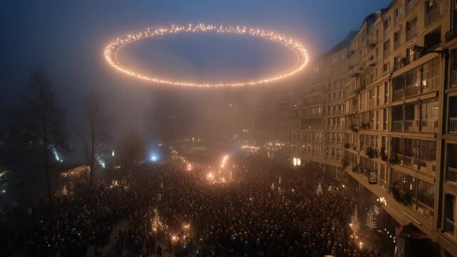 Spectacular Circle of Light Display Over a Crowd in a Town Square at Night